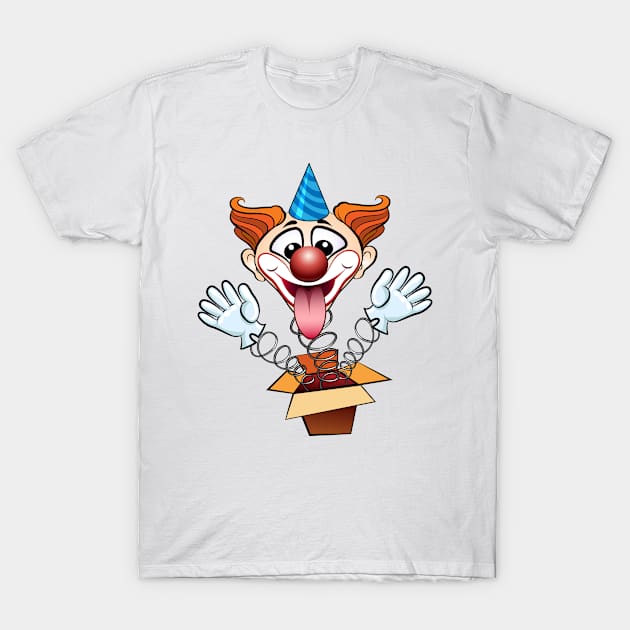 laugthing clown jumps out of surprised box. T-Shirt by devaleta